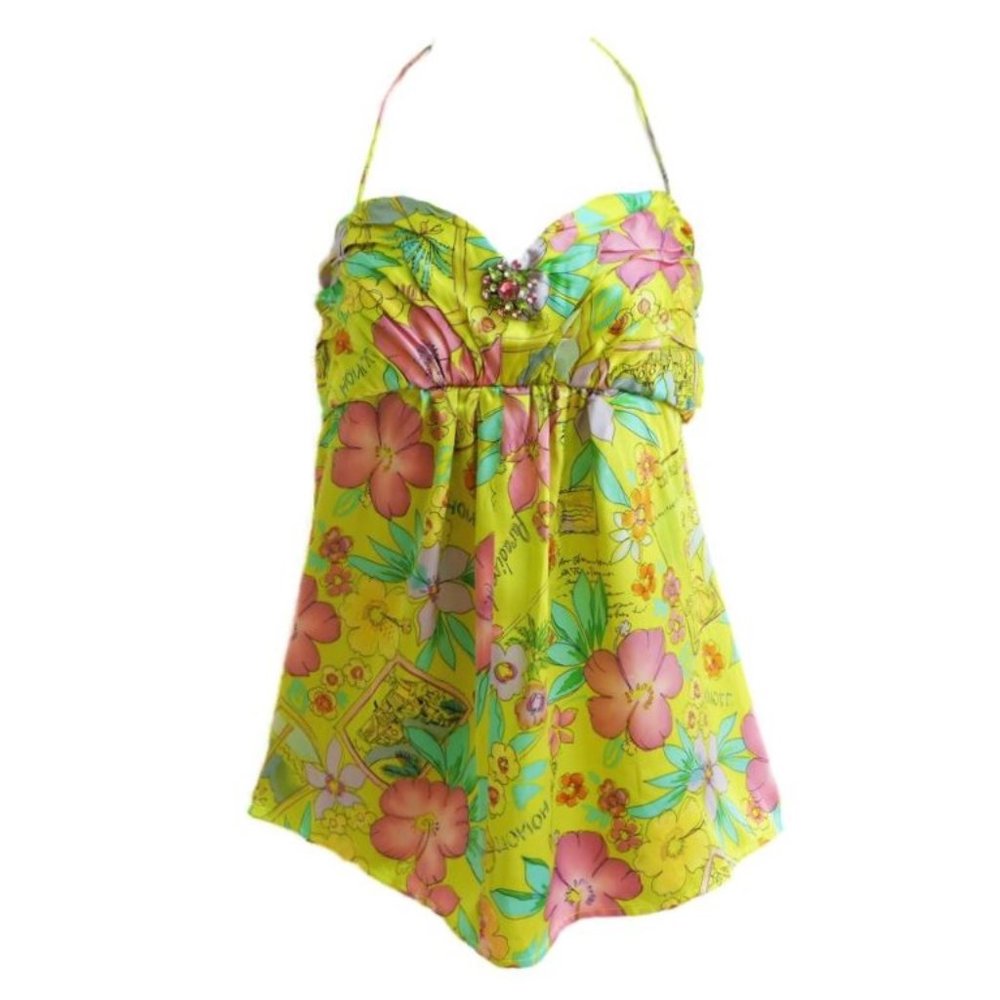 SiLK Fray Sweetheart Babydoll Halter Top Brooch Floral Travel Sunny Zip Back